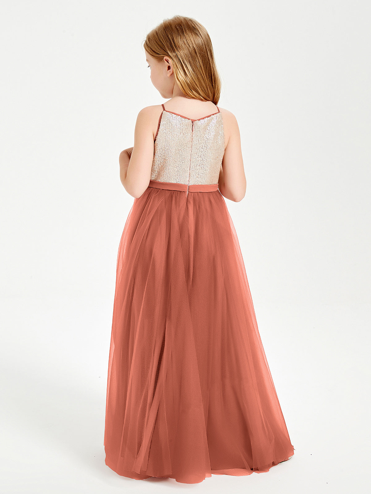 Sequined Top Long Tulle Junior Bridesmaid Gown Rust